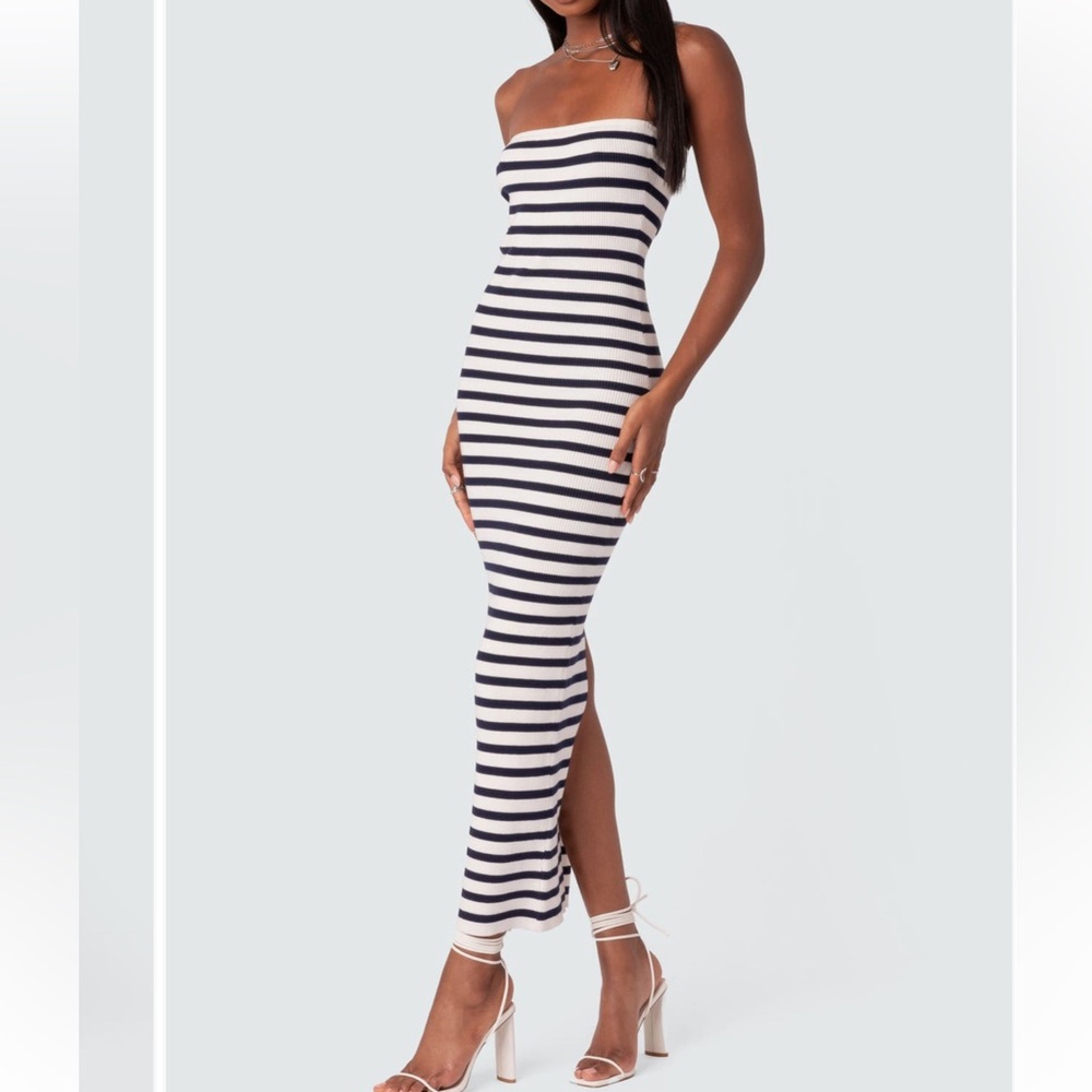 Edikted Navy and White Striped Maxi Dress